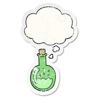 bir sıkıntılı yıpranmış etiket olarak karikatür iksir ve düşünce balonu