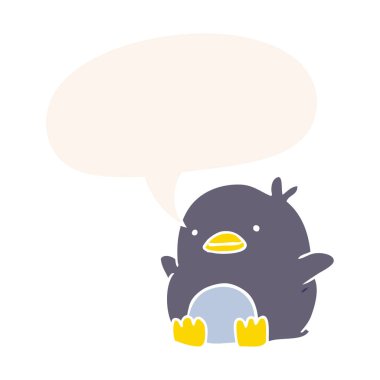 retro tarzında sevimli karikatür penguen ve konuşma balonu