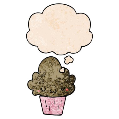 grunge doku p yüz ve düşünce balonu ile karikatür cupcake