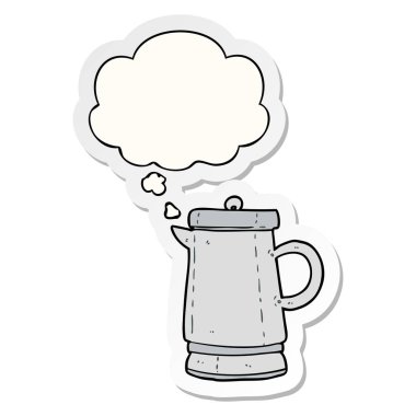 karikatür eski su ısıtıcısı ve baskılı bir etiket olarak kabarcık düşünce