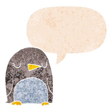retro dokulu tarzda karikatür penguen ve konuşma balonu