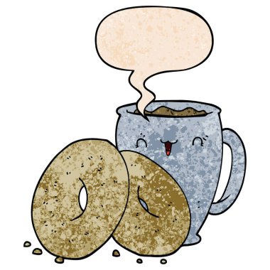 karikatür kahve ve çörekler ve retro doku sty konuşma balonu