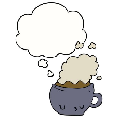 sevimli karikatür kahve fincanı ve düşünce balonu