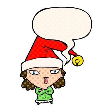 çizgi roman bo noel şapka ve konuşma balonu giyen karikatür kız