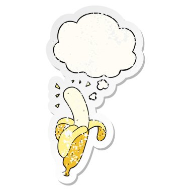 karikatür muz ve sıkıntılı yıpranmış etiket olarak kabarcık düşünce