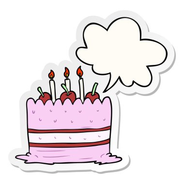 karikatür doğum günü pastası ve konuşma balonu etiket