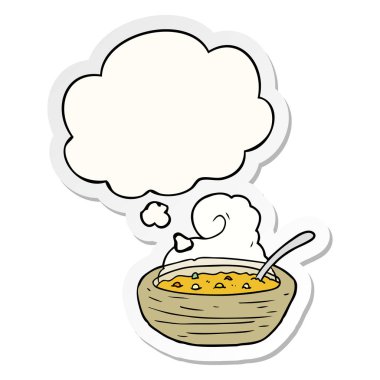 sıcak çorba karikatür kase ve baskılı bir etiket olarak kabarcık düşünce