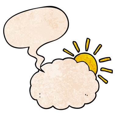 retro doku karikatür güneş ve bulut sembolü ve konuşma balonu 