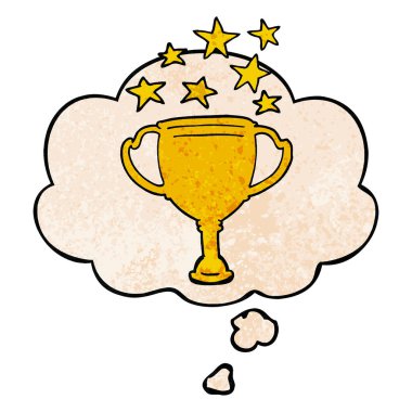 karikatür spor kupa ve grunge doku patte düşünce balonu