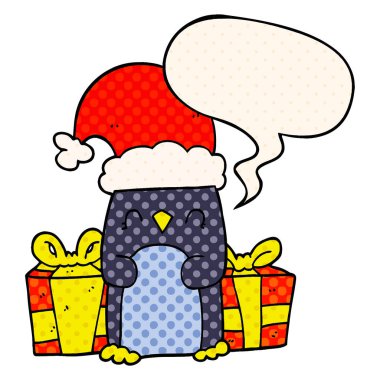 sevimli noel penguen ve çizgi roman tarzında konuşma balonu