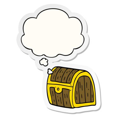 karikatür hazine göğüs ve basılı bir etiket olarak kabarcık düşünce