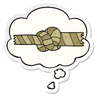 karikatür düğümlü halat ve baskılı bir etiket olarak kabarcık düşünce