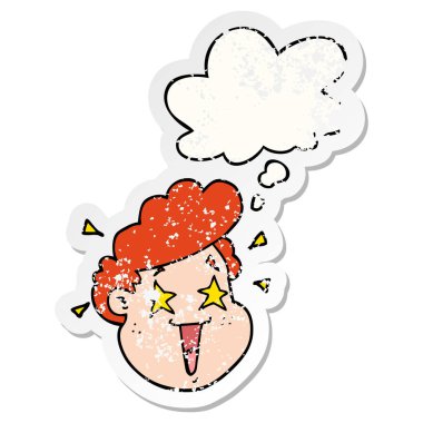 karikatür mutlu yüz ve sıkıntılı bir yıpranmış sopa olarak kabarcık düşünce