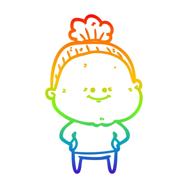 Regenboog gradiënt lijntekening cartoon gelukkig oude vrouw — Stockvector