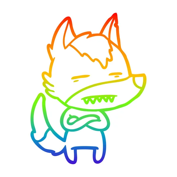 Rainbow Gradient Line Zeichnung Cartoon Wolf zeigt Zähne — Stockvektor