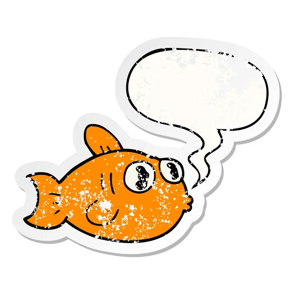 Cartoon fish and speech bubble distressed sticker — Stock Vector