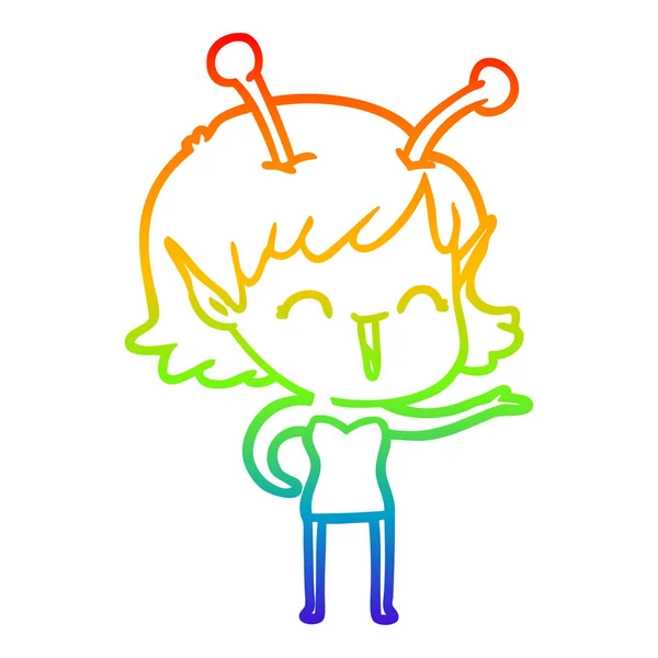 Regenbogen Gradienten Linie Zeichnung Cartoon Alien Mädchen lachen — Stockvektor