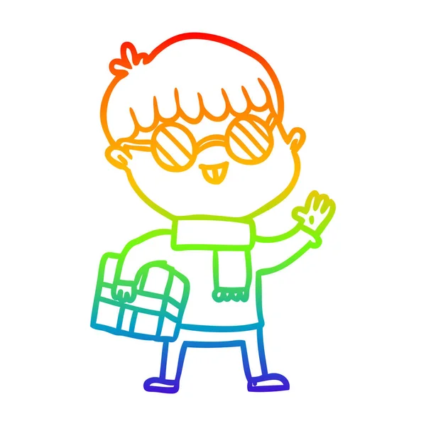 Rainbow gradient line drawing cartoon boy wearing spectacles — Stock Vector
