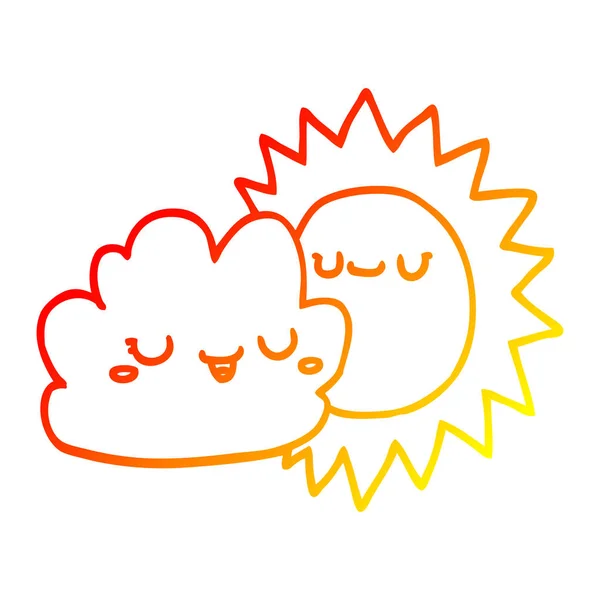 Línea de gradiente caliente dibujo dibujos animados sol y nube — Vector de stock