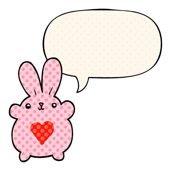 Carino cartone animato coniglio e amore cuore e discorso bolla in fumetto bo — Vettoriale Stock