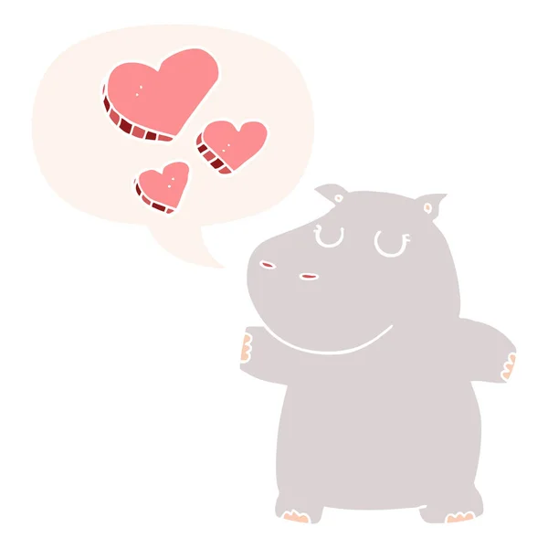 Desenho animado hipopótamo no amor e fala bolha no estilo retro — Vetor de Stock