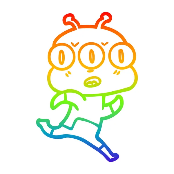 Rainbow gradient ligne dessin dessin animé trois yeux alien — Image vectorielle