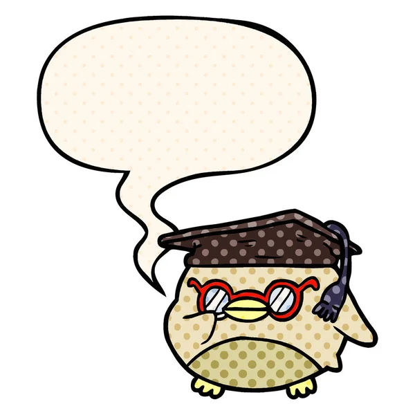 Desenho animado coruja velha inteligente e bolha de fala em estilo de quadrinhos — Vetor de Stock