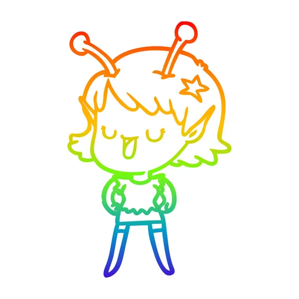 Rainbow gradient ligne dessin heureux alien fille dessin animé — Image vectorielle