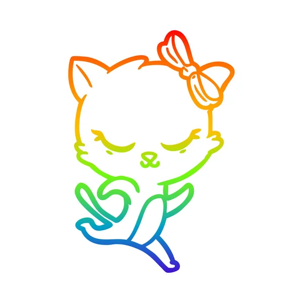 Rainbow gradient line drawing cute cartoon cat with bow running — Stock Vector