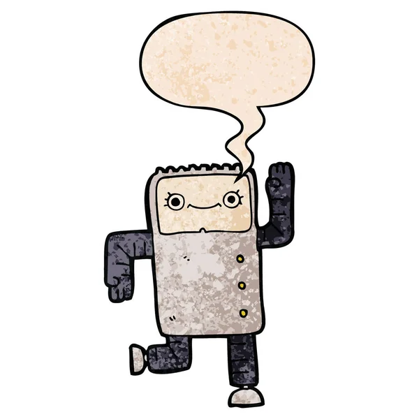 Robot de dibujos animados y burbuja del habla en estilo de textura retro — Archivo Imágenes Vectoriales