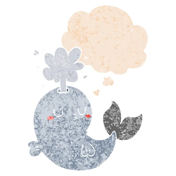 Dessin animé baleine crachant de l'eau et bulle de pensée dans une texture rétro — Image vectorielle