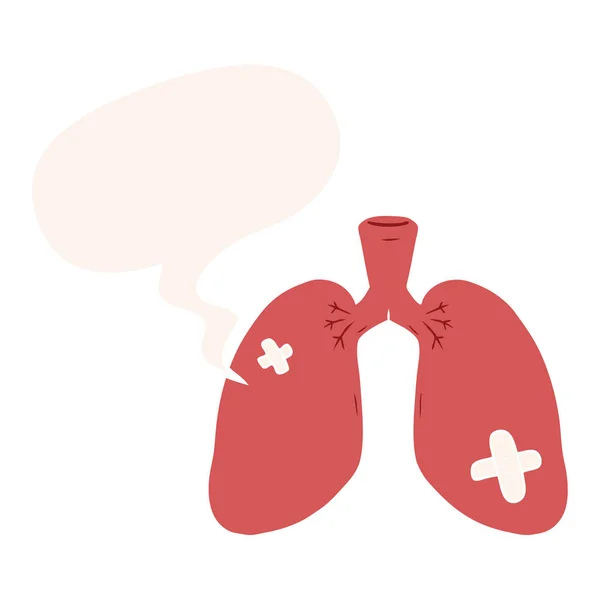 Dibujos animados reparado pulmones y burbuja del habla en estilo retro — Vector de stock