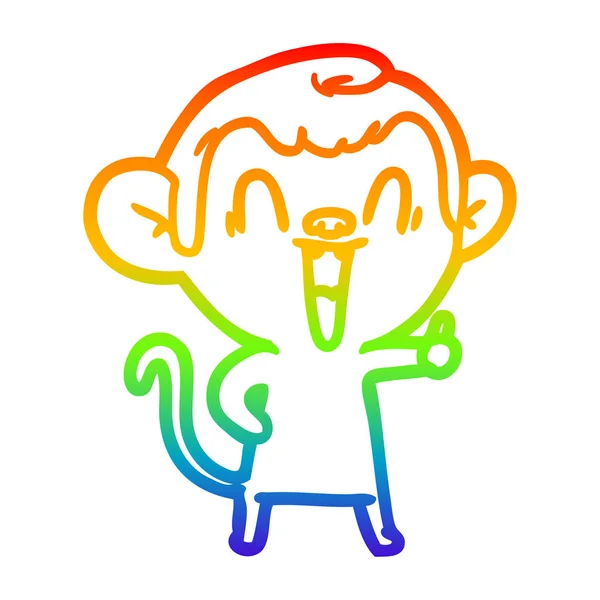 Rainbow gradient line drawing cartoon laughing monkey — Stock Vector