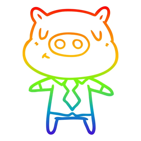 Rainbow gradient line drawing cartoon content pig in shirt and t — Stock Vector