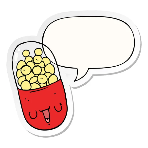 Cartoon medical pill and speech bubble sticker — Stock Vector