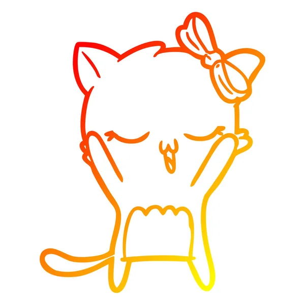 머리에 활과 따뜻한 그라데이션 라인 그리기 만화 고양이 — 스톡 벡터