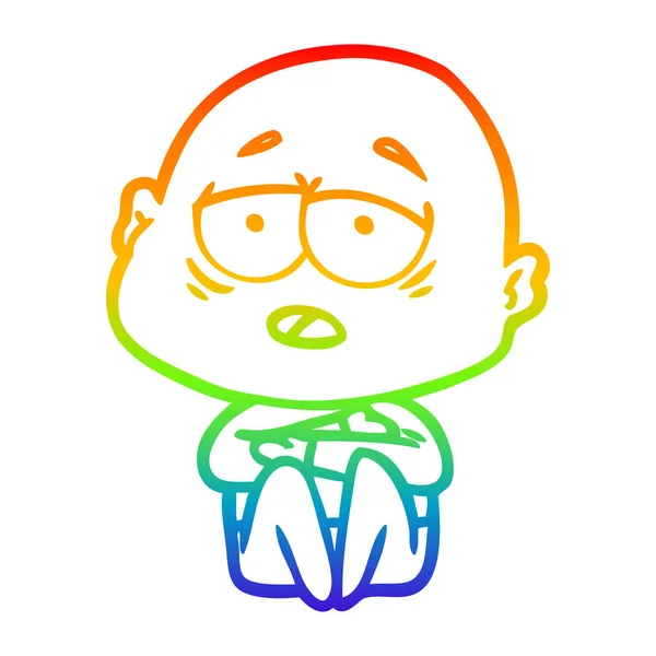 Regenboog gradiënt lijntekening cartoon moe kale man — Stockvector