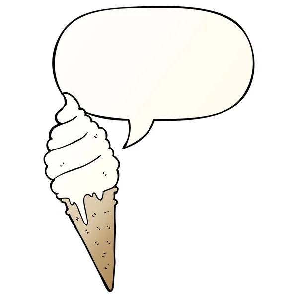 滑らかなグラデーションスタイルで漫画のアイスクリームとスピーチバブル — ストックベクタ