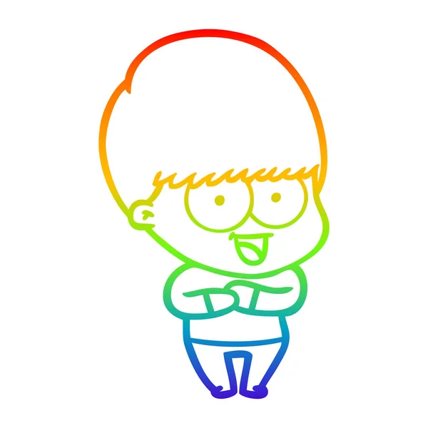 Regenbogen-Gradienten-Linie zeichnet fröhlichen Cartoon-Jungen — Stockvektor