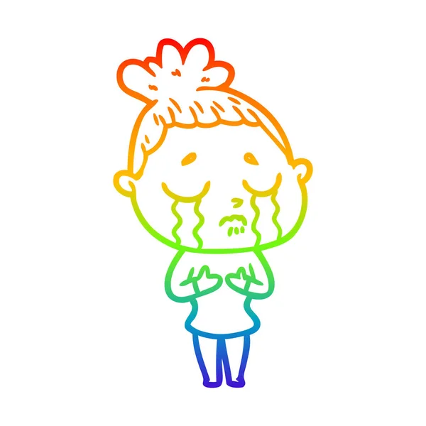 Rainbow gradient line drawing cartoon crying woman — Stock Vector