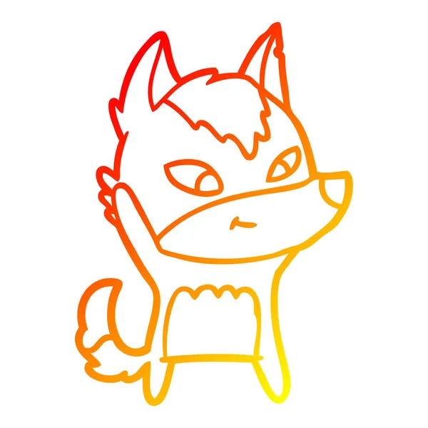 Línea de gradiente caliente dibujo amistoso lobo de dibujos animados — Vector de stock