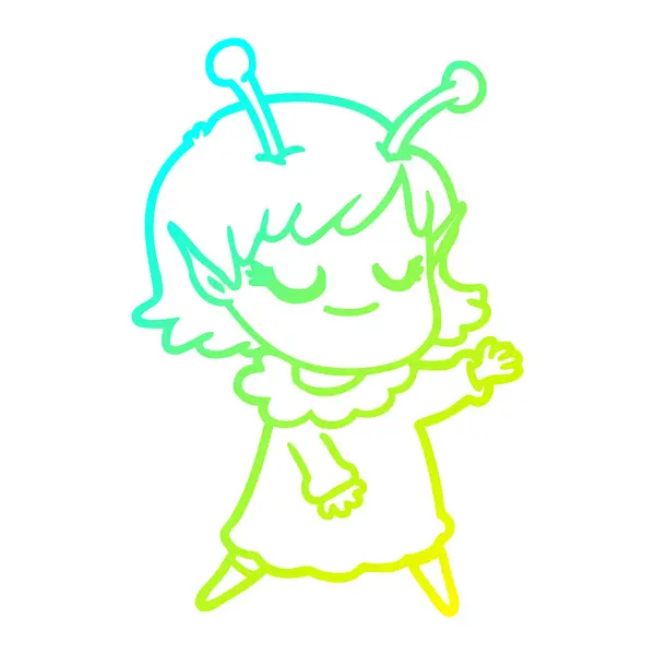 Cold gradient line drawing smiling alien girl cartoon — стоковый вектор