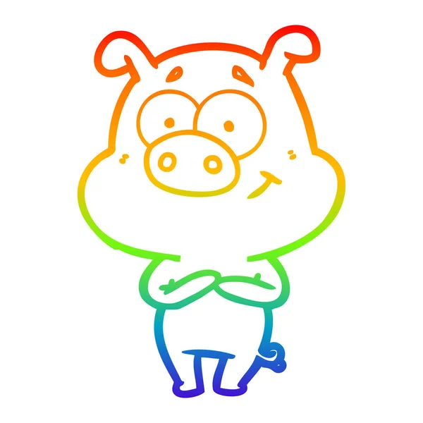 Rainbow gradient line drawing happy cartoon pig — Stock Vector