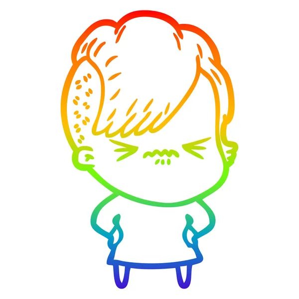 Regenboog gradiënt lijntekening cartoon geërgerd hipster meisje — Stockvector