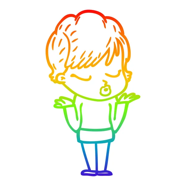 Rainbow Gradient Line Zeichnung Cartoon Frau mit geschlossenen Augen — Stockvektor