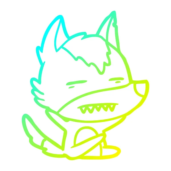 Linha gradiente frio desenho dos desenhos animados lobo mostrando dentes — Vetor de Stock