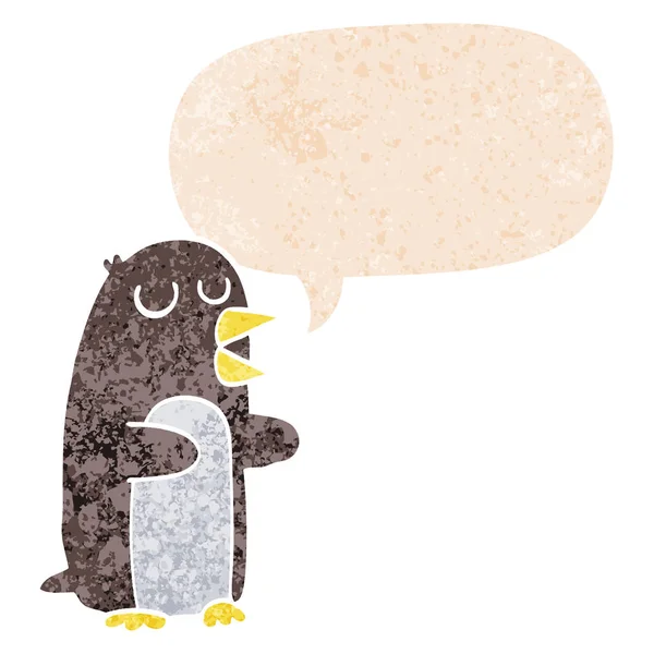 Cartoon penguin and speech bubble in retro textured style — Stock Vector