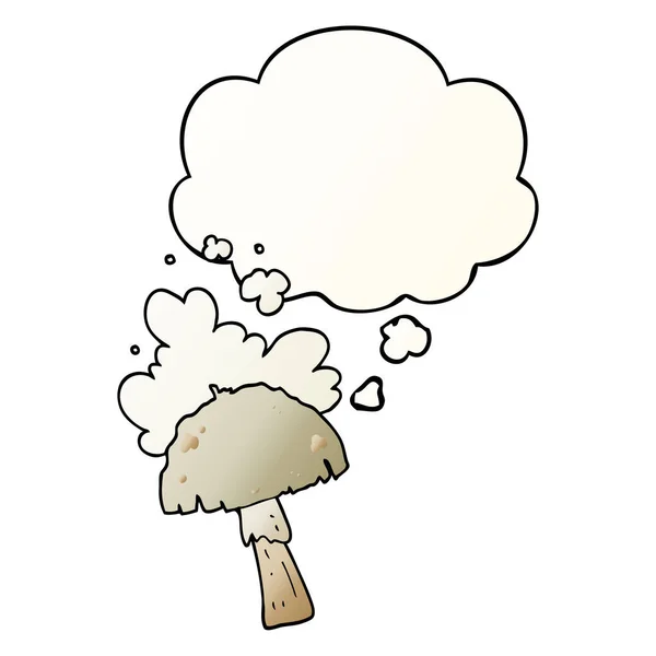 Seta de dibujos animados con nube de esporas y burbuja de pensamiento en g suave — Vector de stock