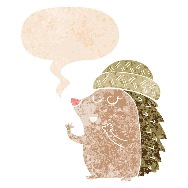Hérisson dessin animé coiffé d'un chapeau et d'une bulle de parole en texturé rétro — Image vectorielle