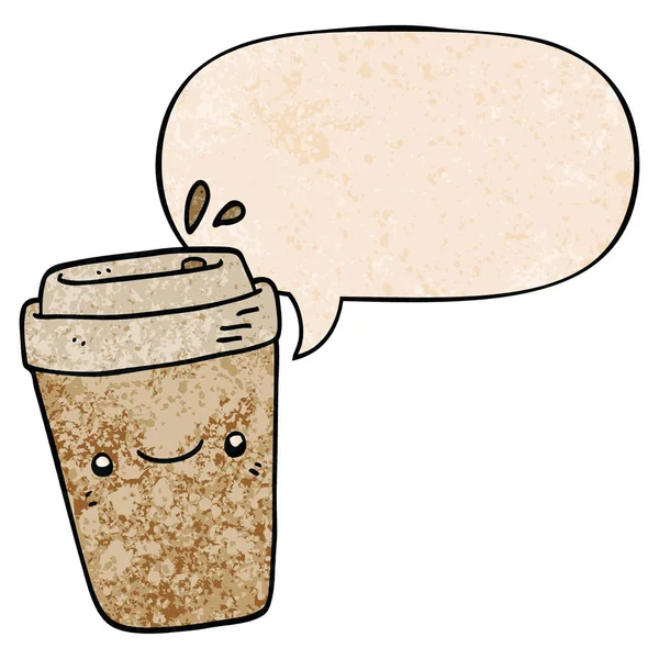 Dibujos animados para llevar café y burbuja del habla en estilo de textura retro — Vector de stock